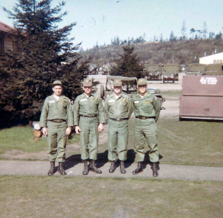 Fort Lewis - officers of Co B, 266th QM Bn - l to r 1LT Clark, 2LT Meshon, 2LT Eckhert, and 2LT McKeown - Apr 1966